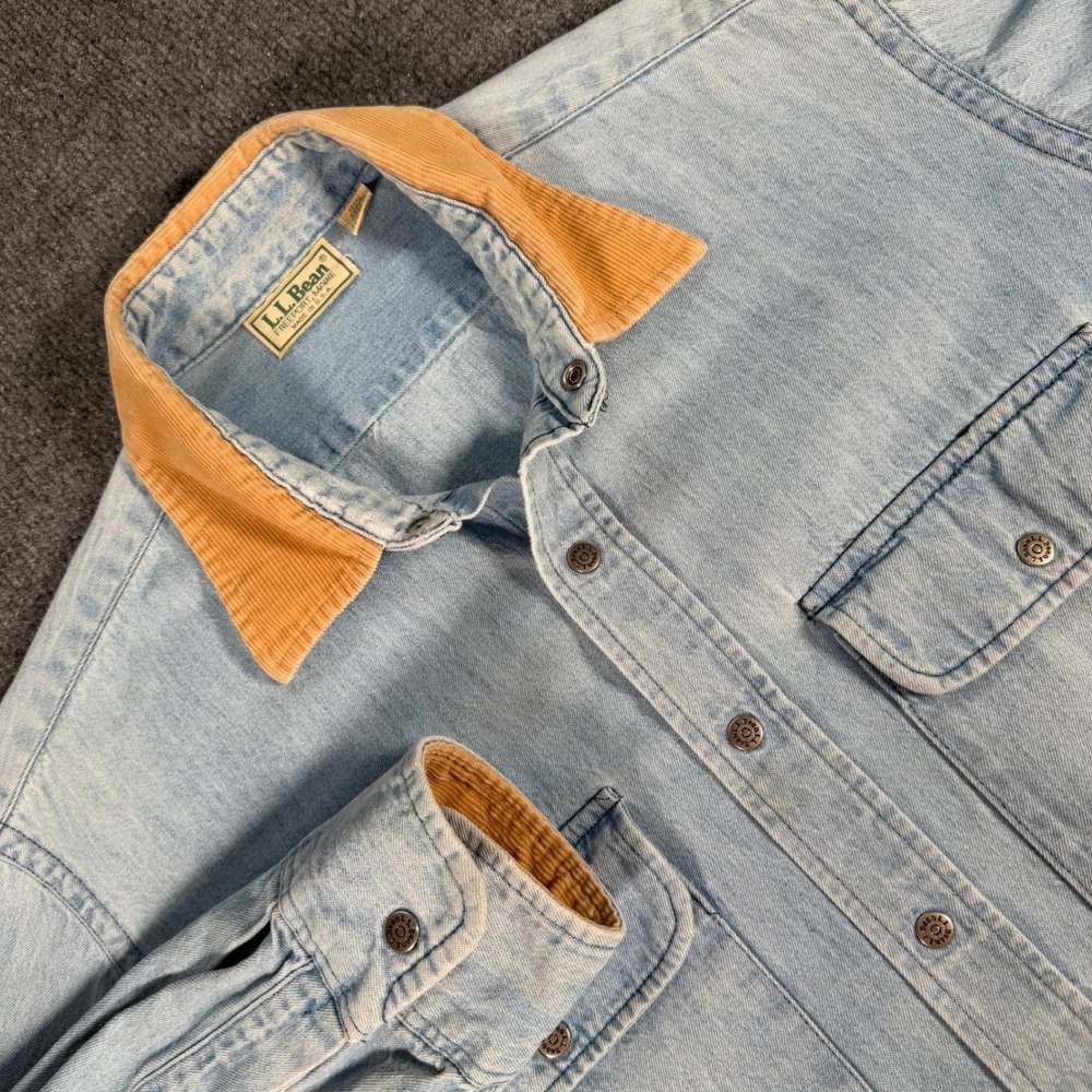 Vintage 80s L.L.Bean Denim Shirt Mens L Made USA Corduroy Collar Workwear #4369